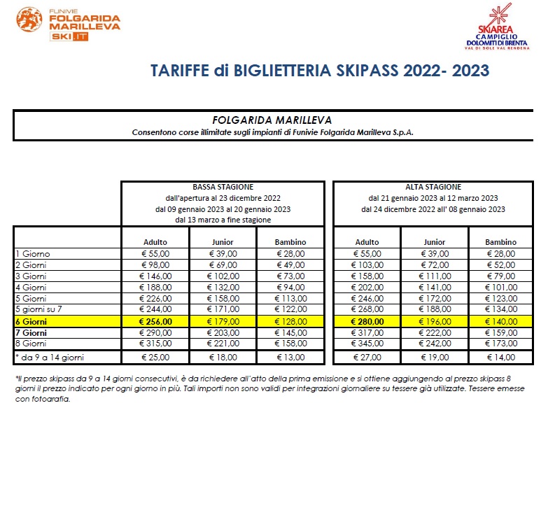 Skipass Marilleva Dove Sciare